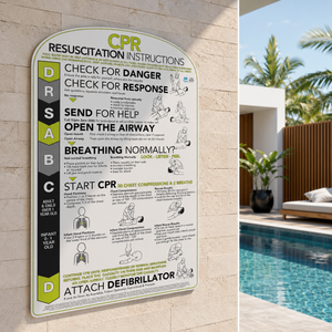 Curved white aluminium CPR and resuscitation sign for pool posts and columns