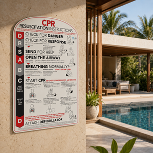 Curved white aluminium CPR and resuscitation sign for pool posts and columns