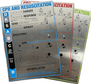 Brushed aluminium CPR and resuscitation sign with Burnt Orange design for Australian pool areas