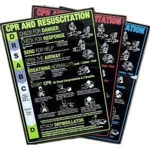Black acrylic-look CPR and resuscitation sign with Lime Green design, reverse printed with UV inks on clear acrylic