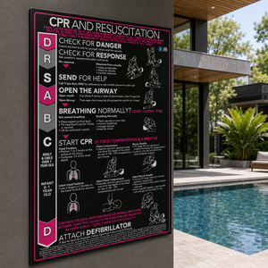 Black acrylic-look CPR and resuscitation sign with Hot Pink design, reverse printed with UV inks on clear acrylic