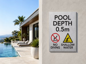 Brushed aluminium pool depth marker sign 0.1m with no diving and shallow water warning symbols