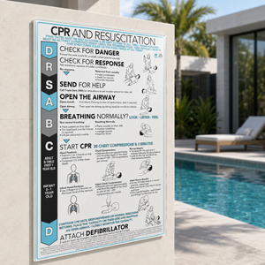 Reverse printed 3mm clear acrylic CPR and resuscitation sign with Blue design for pool areas