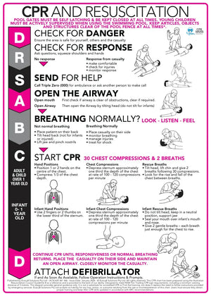 Reverse printed 3mm clear acrylic CPR and resuscitation sign with Hot Pink design for pool areas