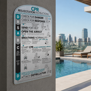 Curved brushed aluminium CPR and resuscitation sign with Blue design for pool posts and columns