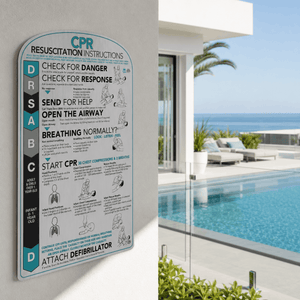 Curved white aluminium CPR and resuscitation sign for pool posts and columns