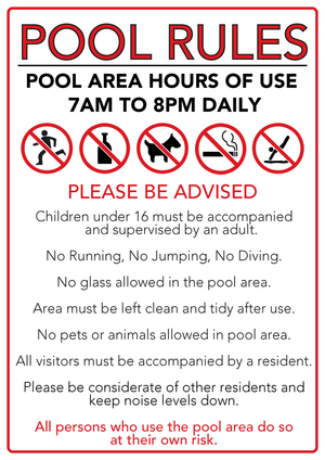 White aluminium custom pool rules sign with 7 AM - 8 PM swimming hours