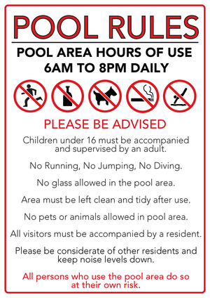 Brushed aluminium custom pool rules sign with 7 AM - 9 PM swimming hours