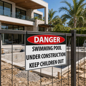 www.cprsigns.com.au Danger Pool Under Construction sign mounted on a black metal fence at a residential building site.