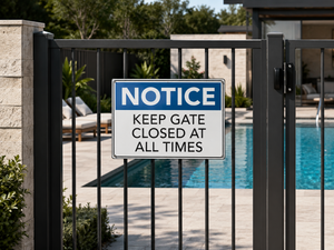 Brushed aluminium pool gate safety sign reading Keep Gate Closed At All Times