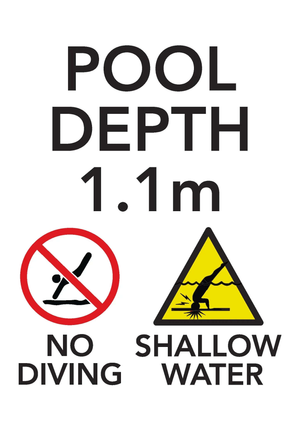 Brushed aluminium pool depth marker sign 1.2m with no diving and shallow water warning symbols