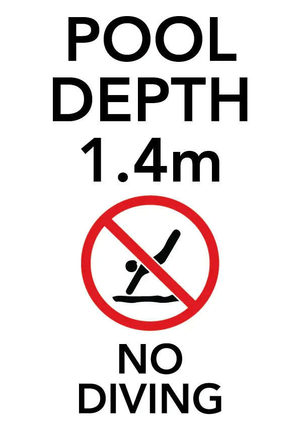 Brushed aluminium pool depth marker sign 1.5m with no diving and shallow water warning symbols