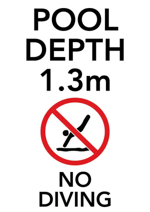 Brushed aluminium pool depth marker sign 1.4m with no diving and shallow water warning symbols