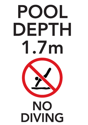 Brushed aluminium pool depth marker sign 7m with no diving and shallow water warning symbols