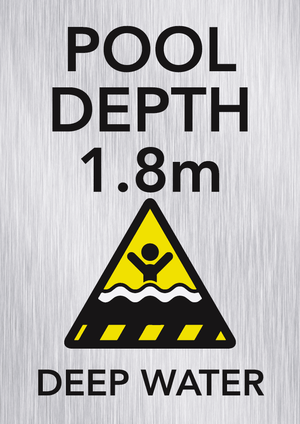 Brushed aluminium pool depth marker sign 1.7m with no diving and shallow water warning symbols