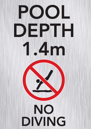 Brushed aluminium pool depth marker sign 1m with no diving and shallow water warning symbols