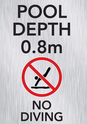 Brushed aluminium pool depth marker sign 0.9m with no diving and shallow water warning symbols