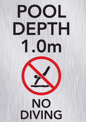 Brushed aluminium pool depth marker sign 5m with no diving and shallow water warning symbols