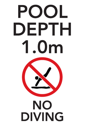 Brushed aluminium pool depth marker sign 1.7m with no diving and shallow water warning symbols