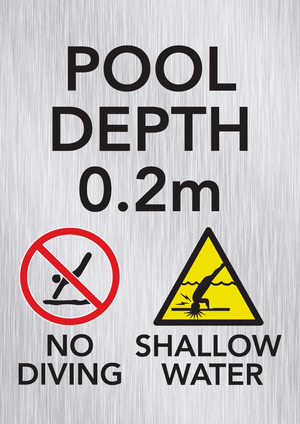 Brushed aluminium pool depth marker sign 4m with no diving and shallow water warning symbols