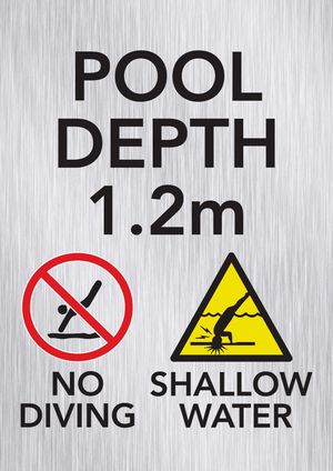 Brushed aluminium pool depth marker sign 3m with no diving and shallow water warning symbols