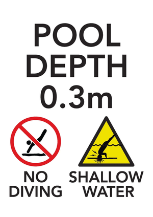 Brushed aluminium pool depth marker sign 0.4m with no diving and shallow water warning symbols
