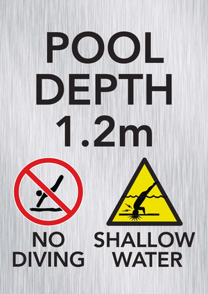 Brushed aluminium pool depth marker sign 1.3m with no diving and shallow water warning symbols