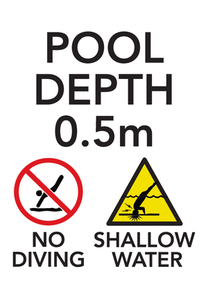 Brushed aluminium pool depth marker sign 0.7m with no diving and shallow water warning symbols