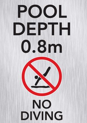 Brushed aluminium pool depth marker sign 8m with no diving and shallow water warning symbols
