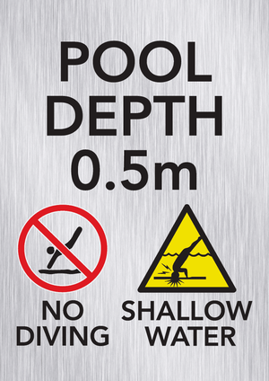 Brushed aluminium pool depth marker sign 1m with no diving and shallow water warning symbols