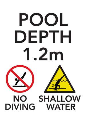 Brushed aluminium pool depth marker sign 1m with no diving and shallow water warning symbols