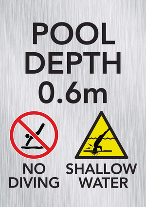 Brushed aluminium pool depth marker sign 0.7m with no diving and shallow water warning symbols
