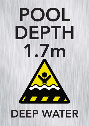 Brushed aluminium pool depth marker sign 0.1m with no diving and shallow water warning symbols
