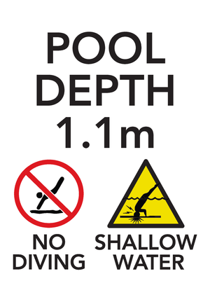 Brushed aluminium pool depth marker sign 1.0m with no diving and shallow water warning symbols